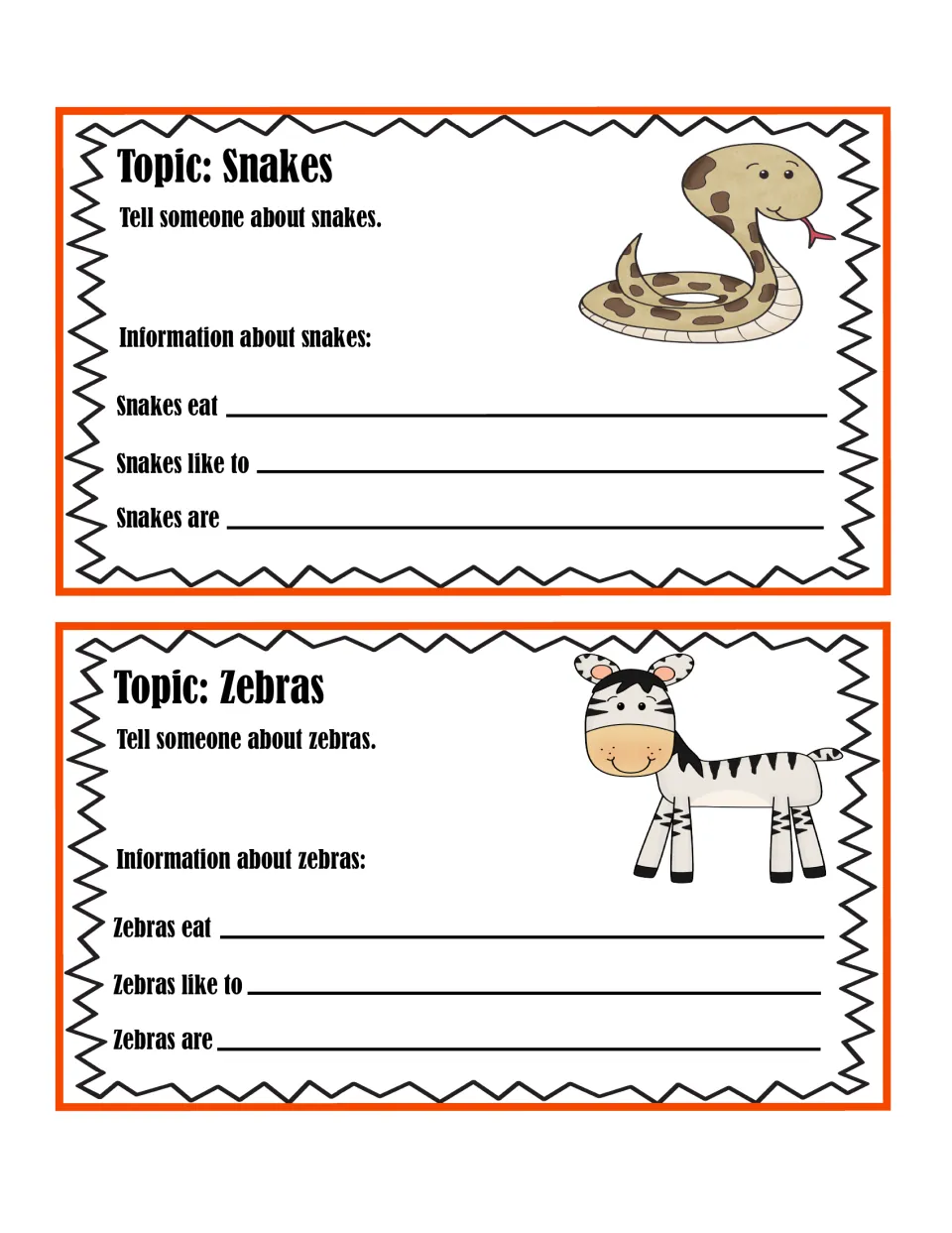 Snakes and zebras topic cards: students tell someone about each animal, then complete eat, like to and are sentence frames
