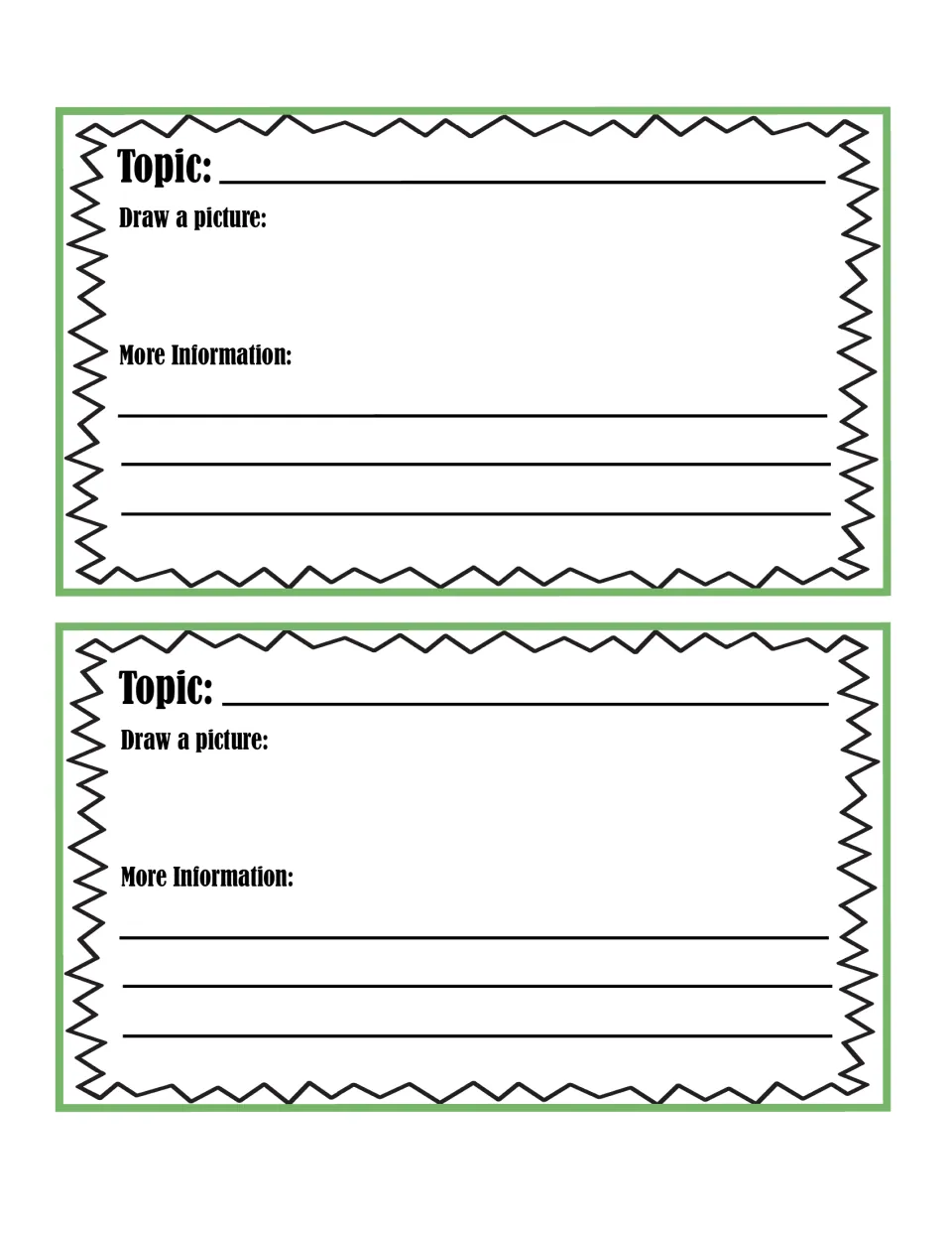 Blank topic cards: students write their own topic, draw a picture and add more information about it