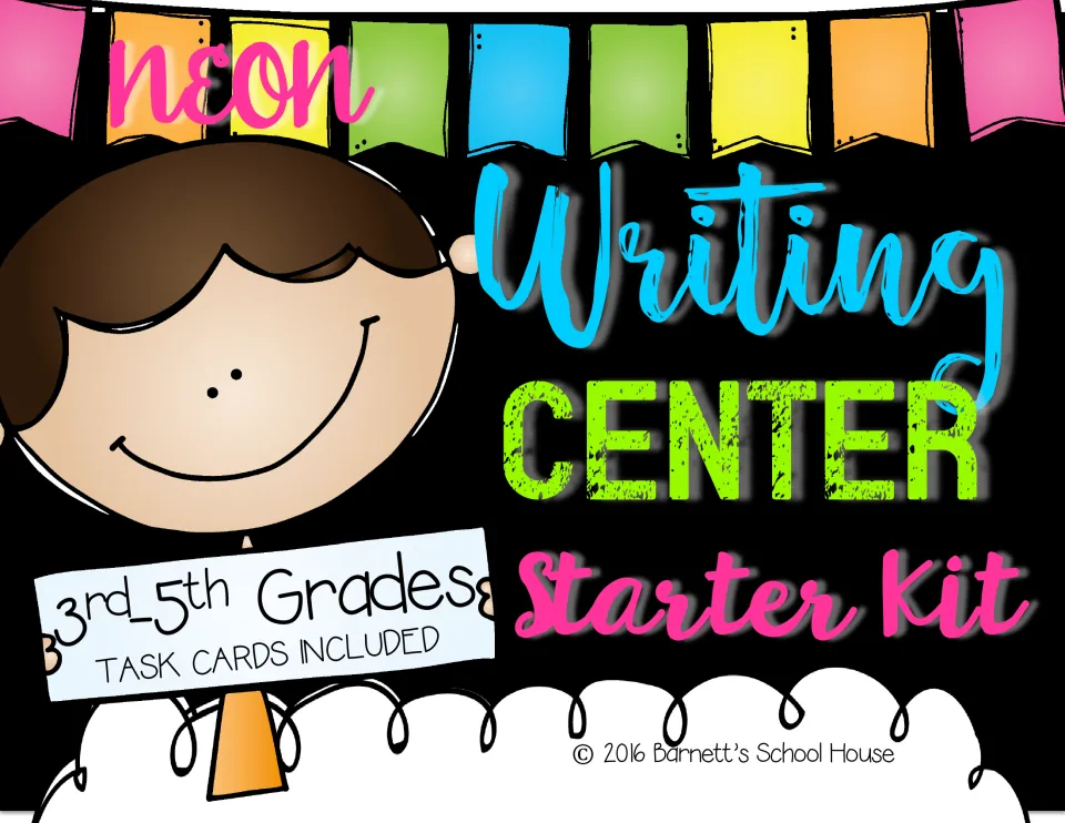 Neon Writing Center Starter Kit cover for 3rd-5th grades, task cards included, with a smiling cartoon child and pennants