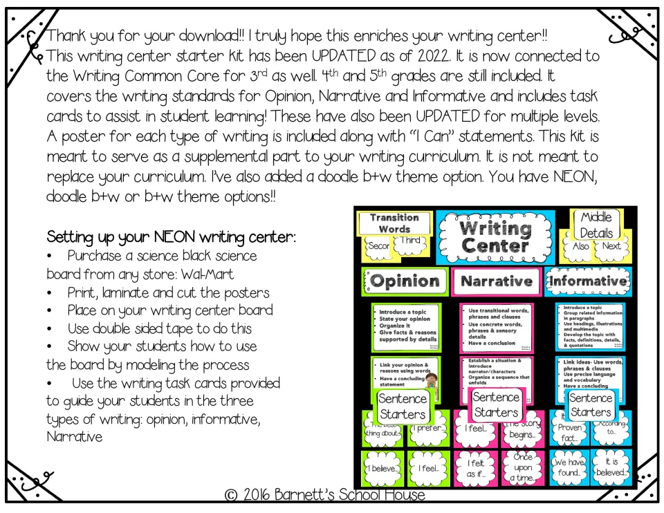 Setup notes for the neon writing center: steps to laminate posters and tape them to a black board, plus a sample board photo