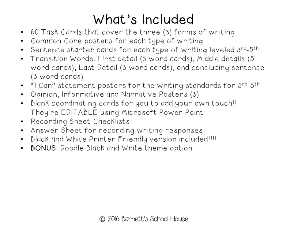 What's Included list: 60 task cards, posters, sentence starters, transition word cards, I Can posters and recording sheets