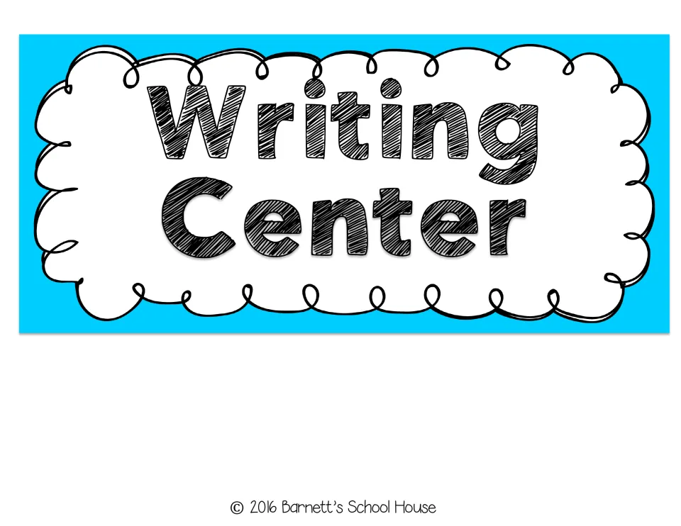Writing Center header sign with the title in bold black sketched letters on a bright blue cloud banner for the board