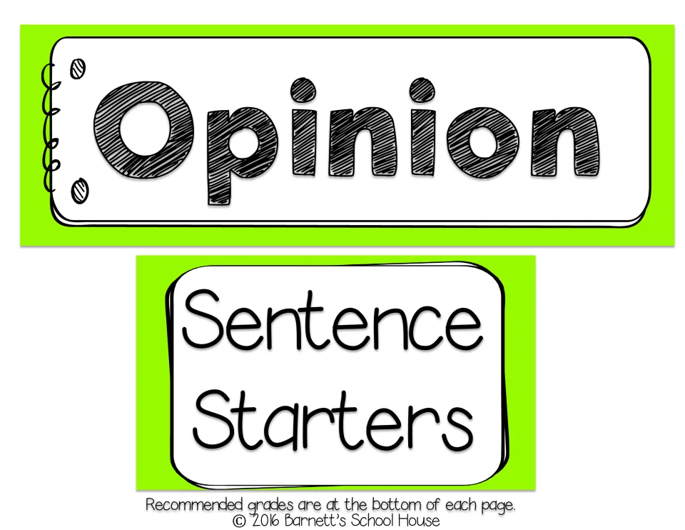 Opinion and Sentence Starters header signs on green banners that label the opinion writing section of the center board