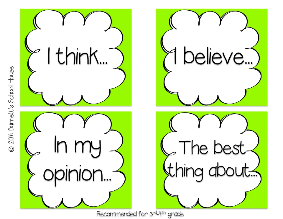 Opinion sentence starter cards: I think, I believe, In my opinion and The best thing about, recommended for 3rd-4th grade