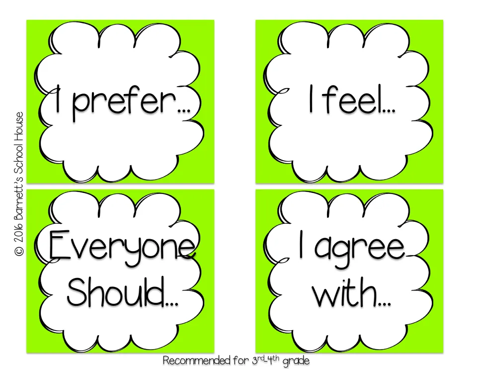 Opinion sentence starter cards: I prefer, I feel, Everyone should and I agree with, marked as recommended for 3rd-4th grade