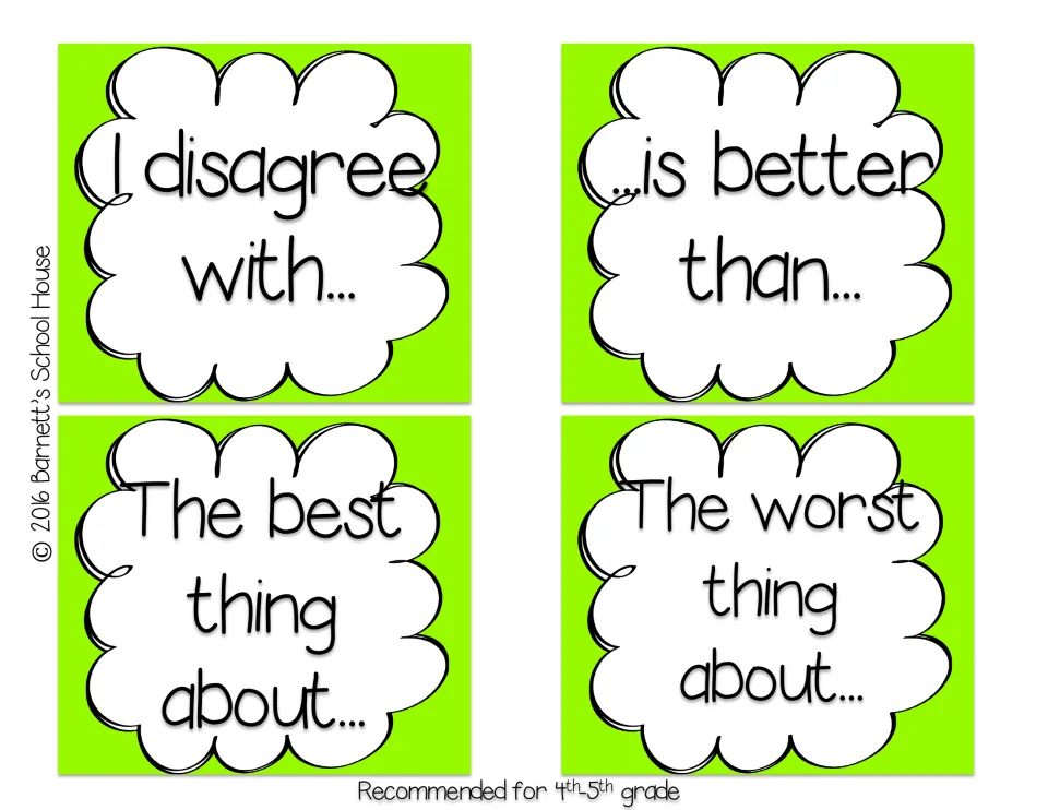 Opinion starter cards for 4th-5th grade: I disagree with, ...is better than, The best thing about and The worst thing about
