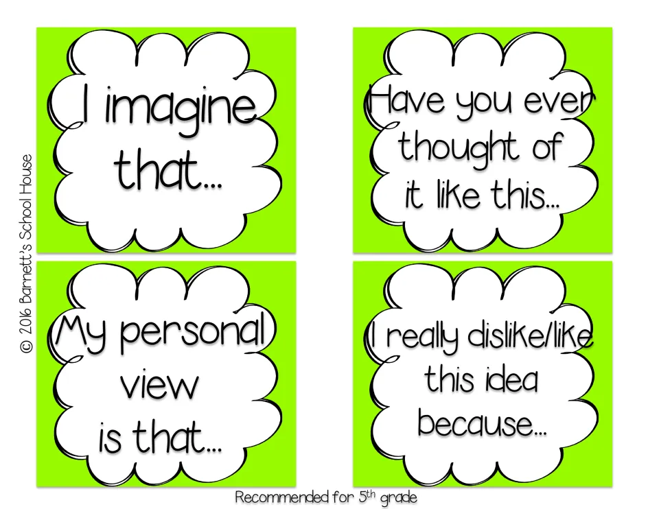 5th grade opinion starter cards: I imagine that, Have you ever thought of it like this, My personal view is that and more
