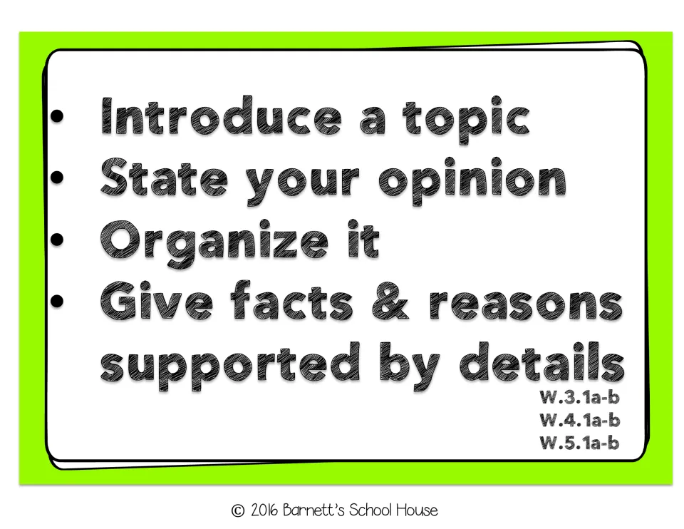 Opinion writing steps poster: introduce a topic, state your opinion, organize it, give facts and reasons with details