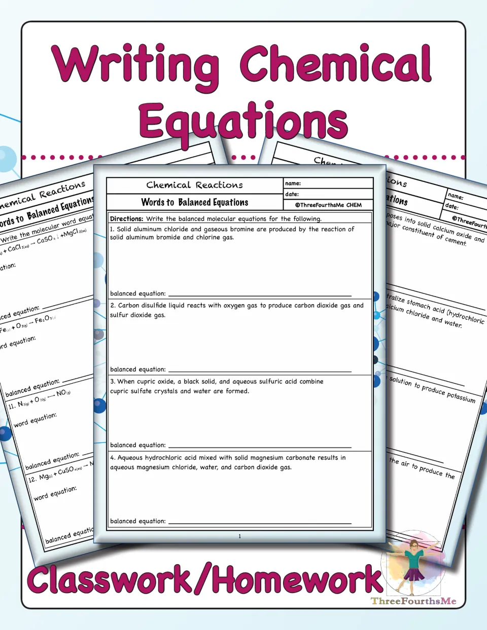 Writing Chemical Equations Classwork/Homework cover showing Words to Balanced Equations sheets of numbered reactions