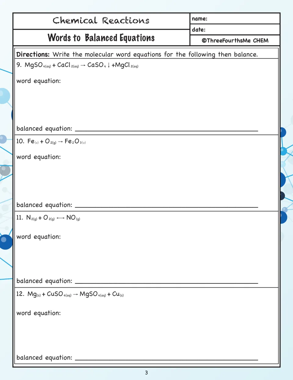 Formulas to word equations: students write word equations for 4 unbalanced reactions, such as Fe + O2, then balance them