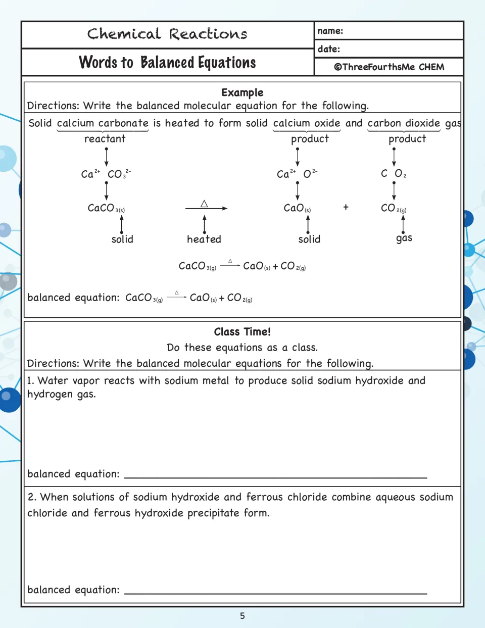 Worked calcium carbonate decomposition example followed by class equation-writing problems 1–2 involving sodium