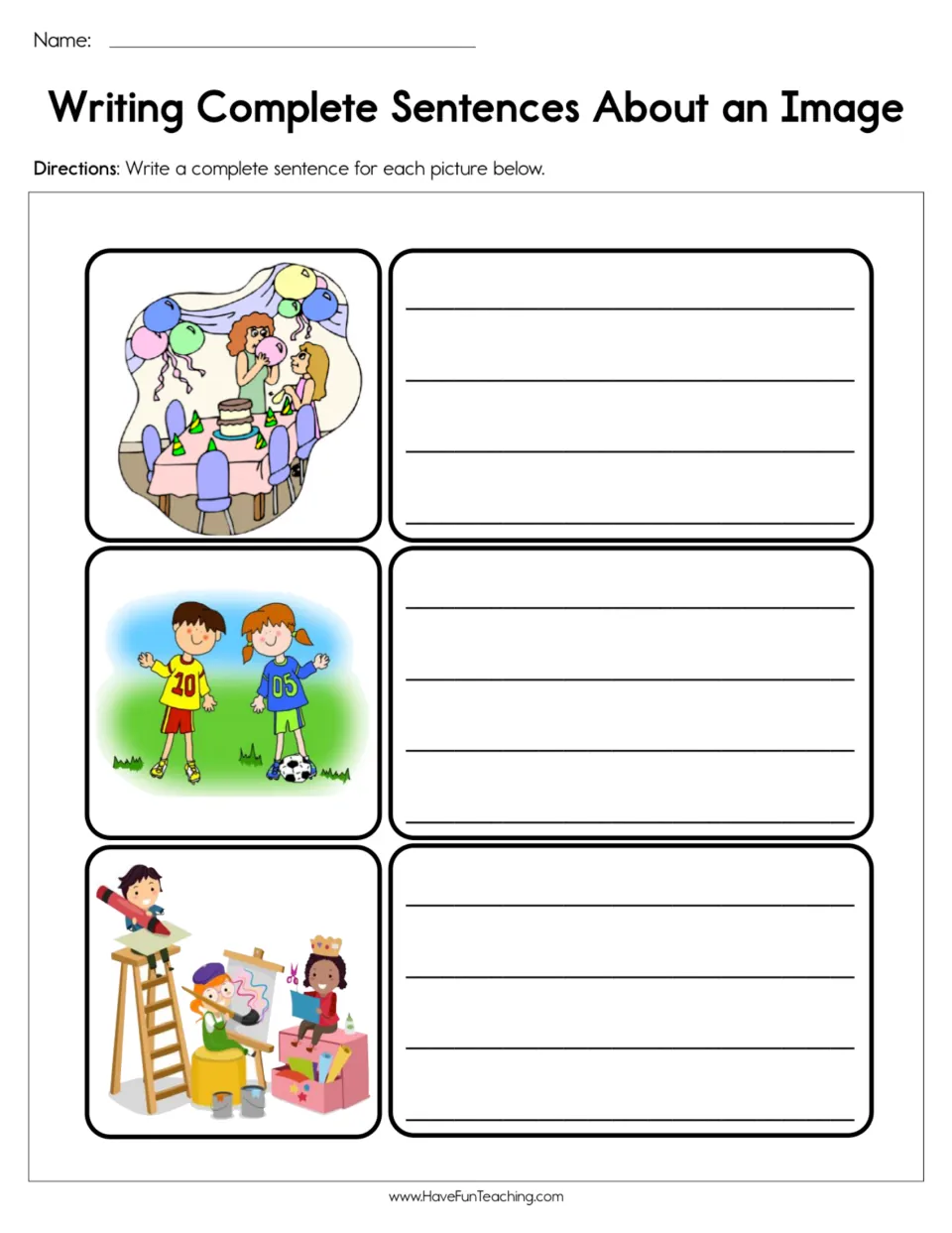Sentence writing from pictures: students write a complete sentence about each of 3 scenes: a party, soccer and art