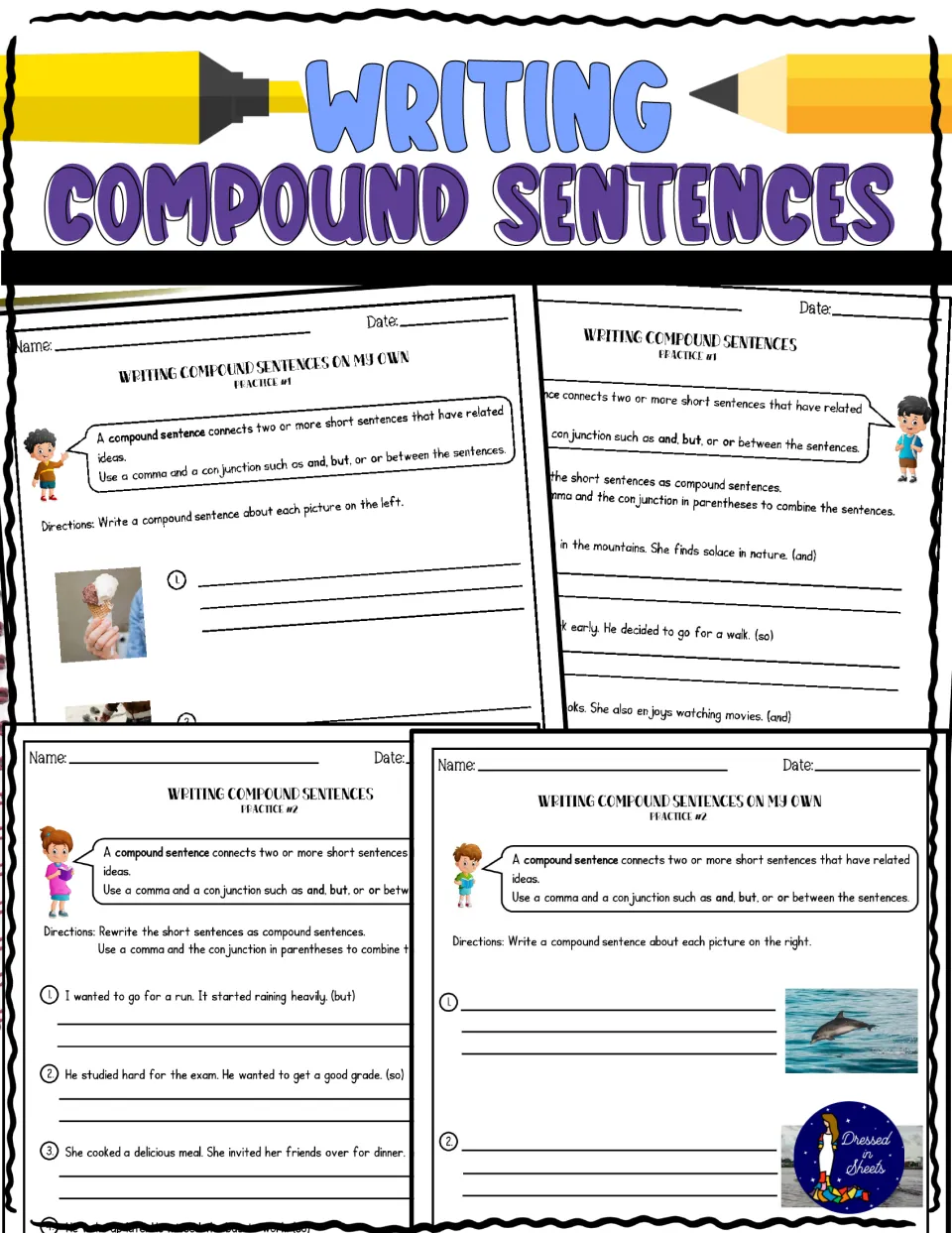 Writing Compound Sentences cover showing sample practice pages: combining sentences with conjunctions and picture prompts