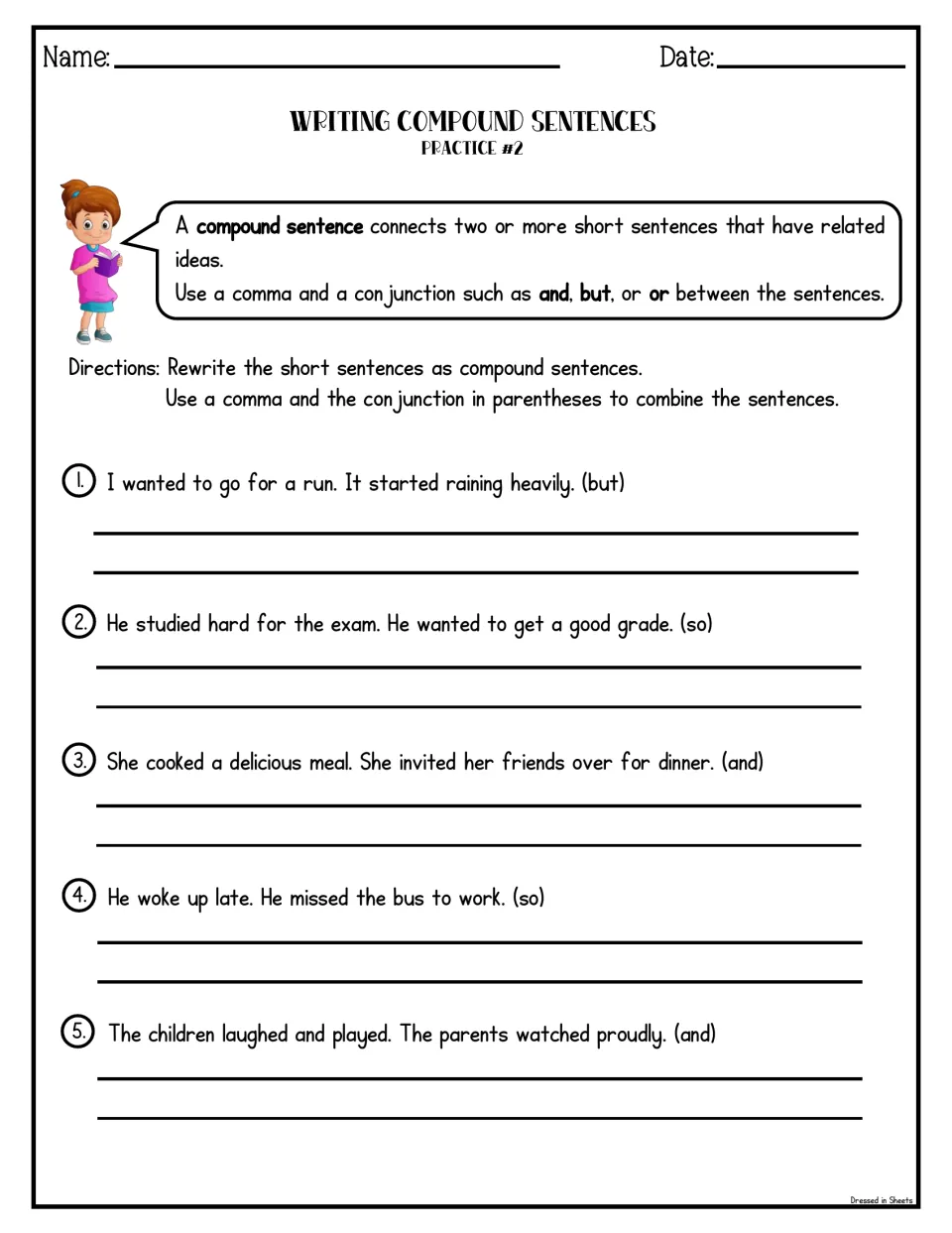 Practice #2 sentence combining: students join pairs about a rained-out run and a missed bus using but, so or and