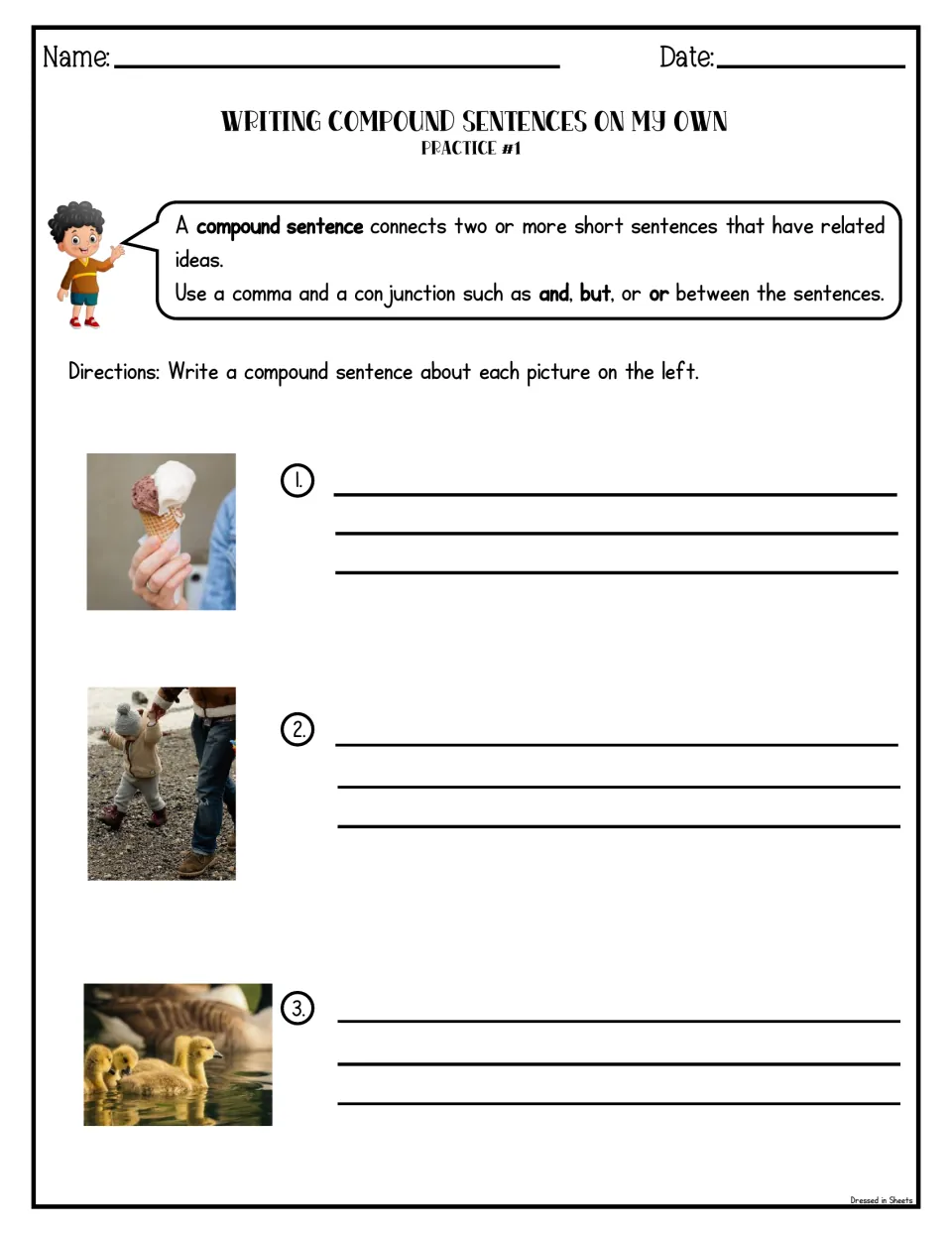 On My Own Practice #1: students write a compound sentence for 3 photos: an ice cream cone, a toddler and ducklings