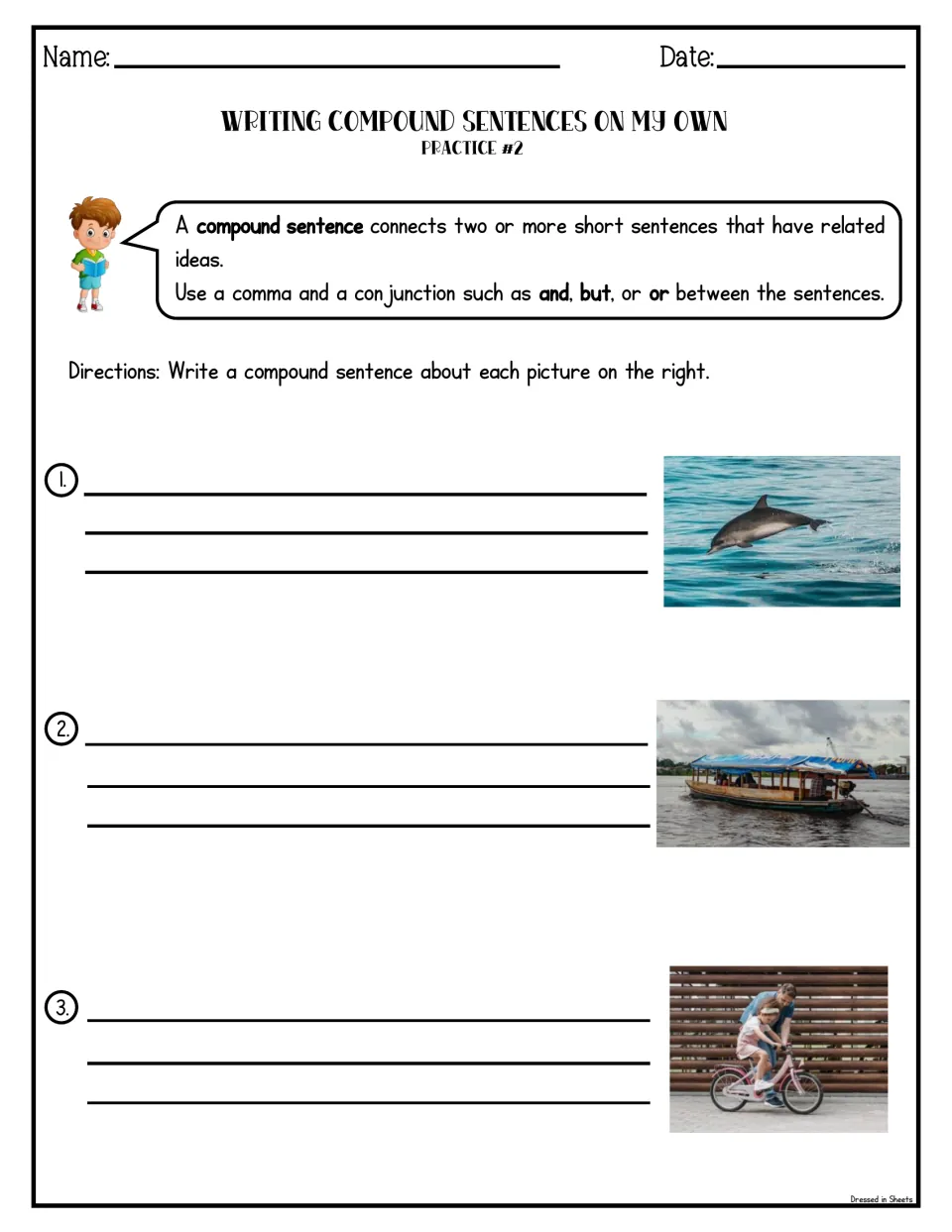 On My Own Practice #2: students compose compound sentences for photos: a leaping dolphin, a boat and a child on a bike