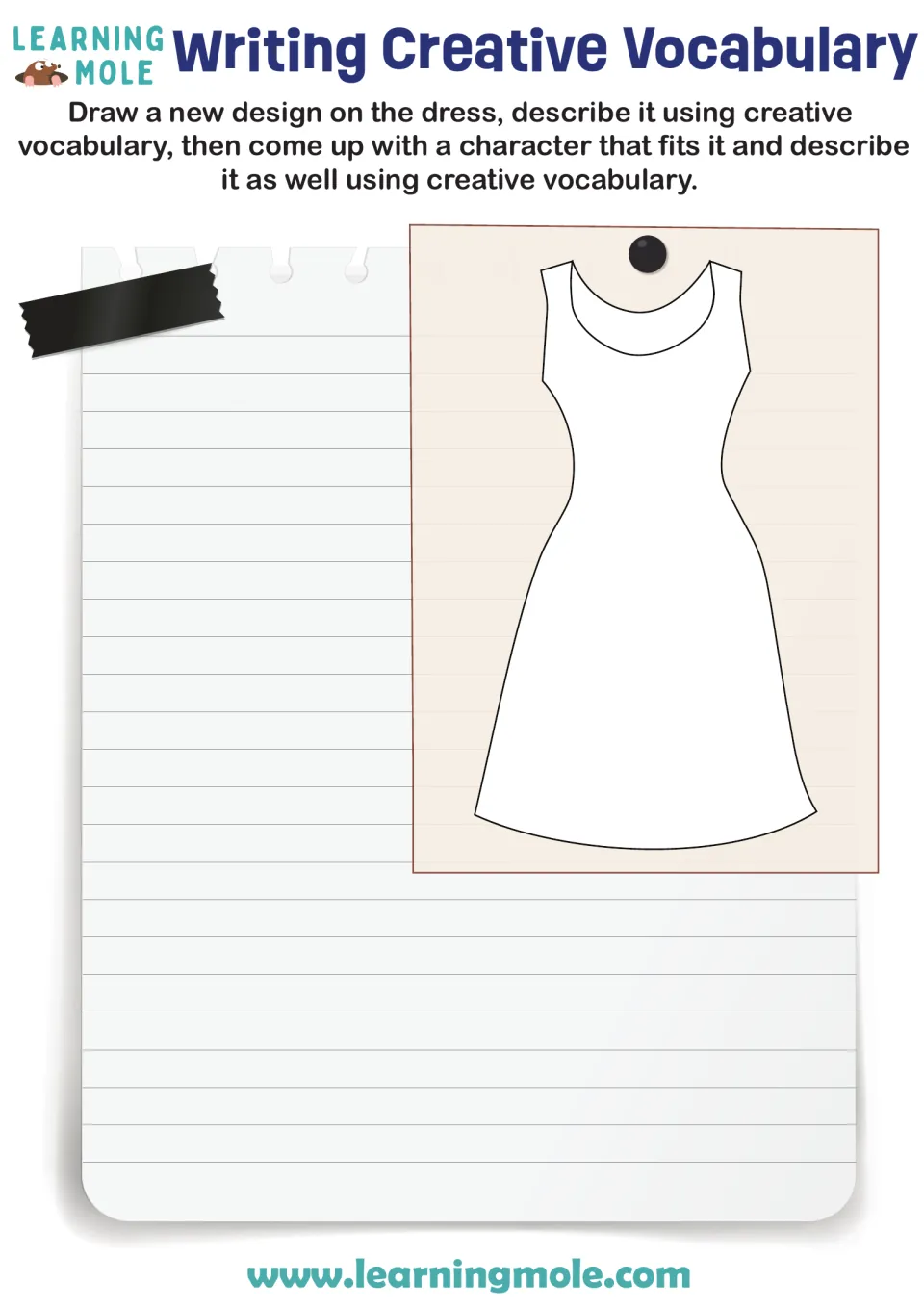 Descriptive writing: students draw a new design on a dress outline, describe it, then invent and describe a character