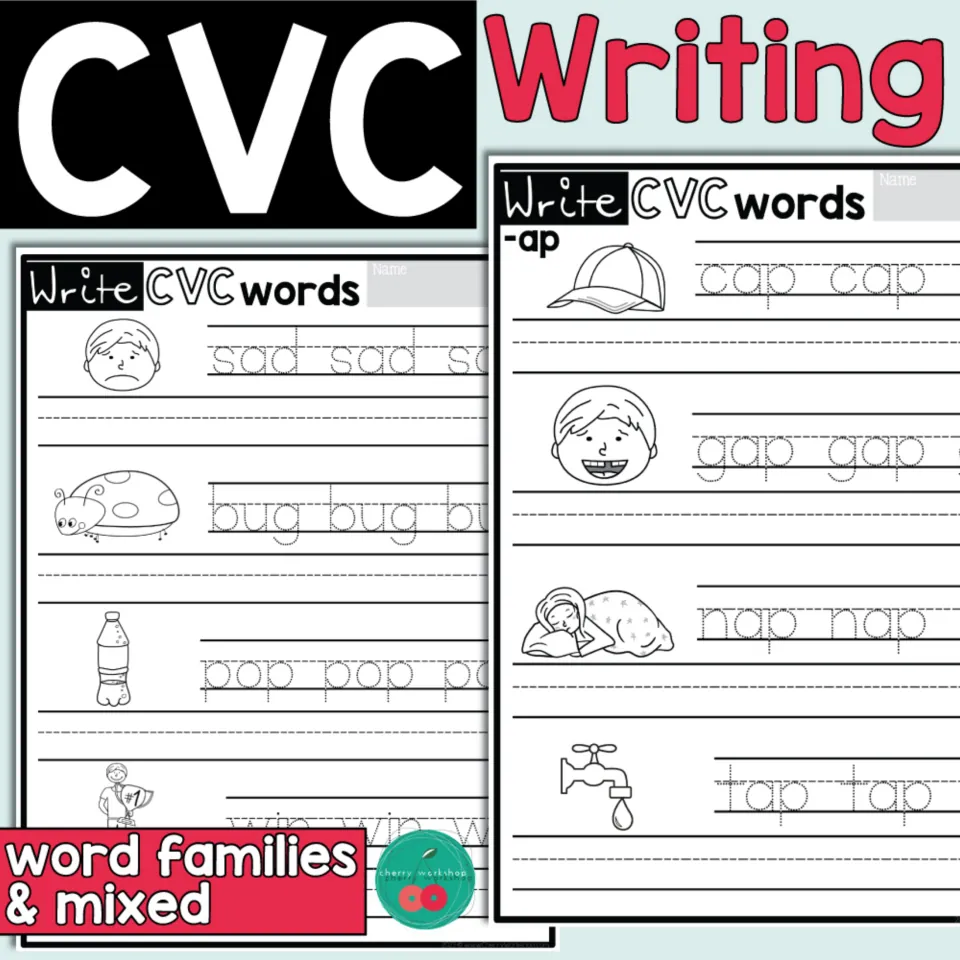 CVC writing practice cover showing word-family and mixed worksheets, including cap, gap, nap, and tap
