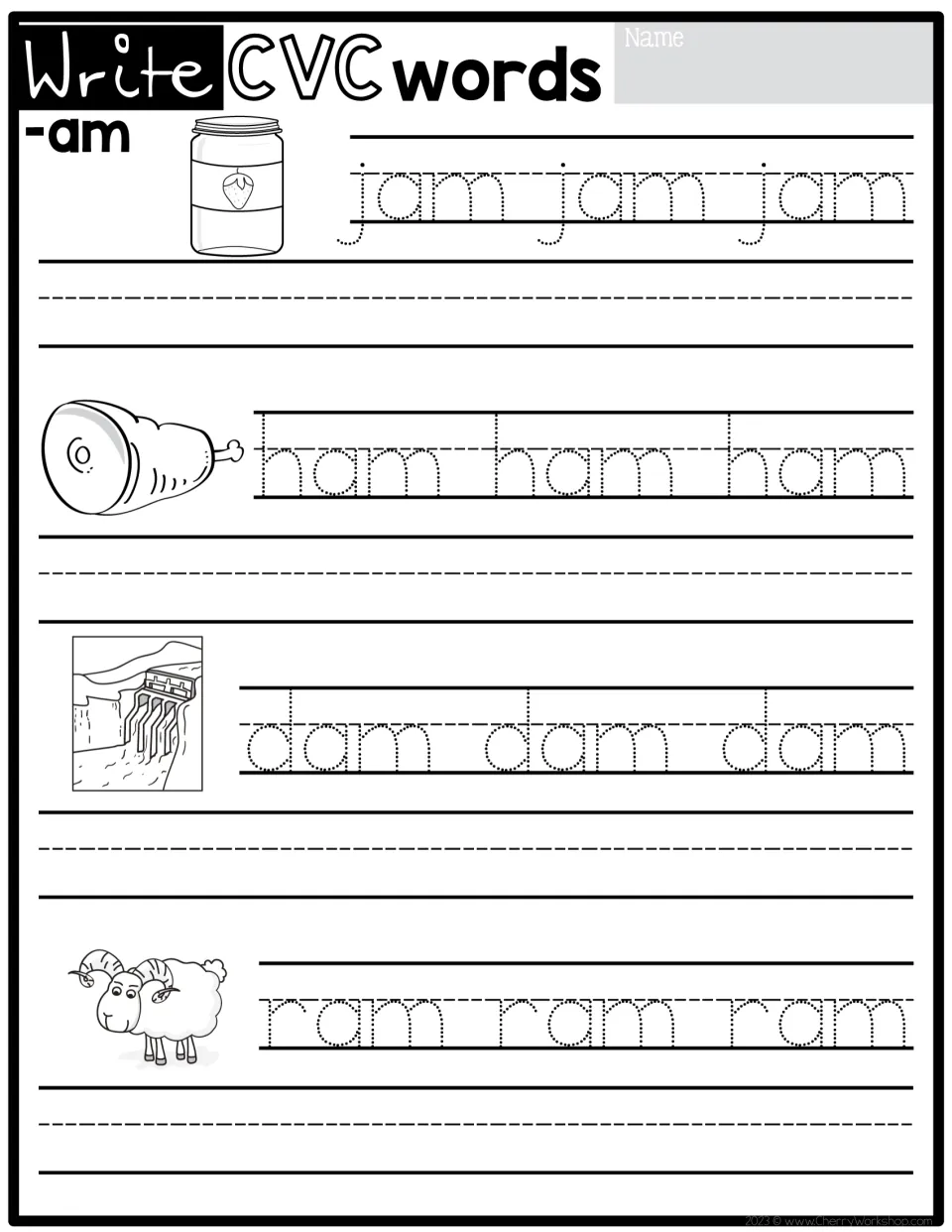 CVC handwriting practice for the -am family: jam, ham, dam, and ram, each pictured and traced three times