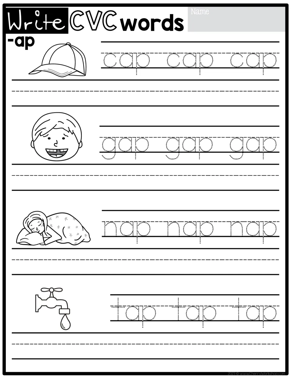 CVC handwriting practice for the -ap family: cap, gap, nap, and tap, each pictured and traced three times
