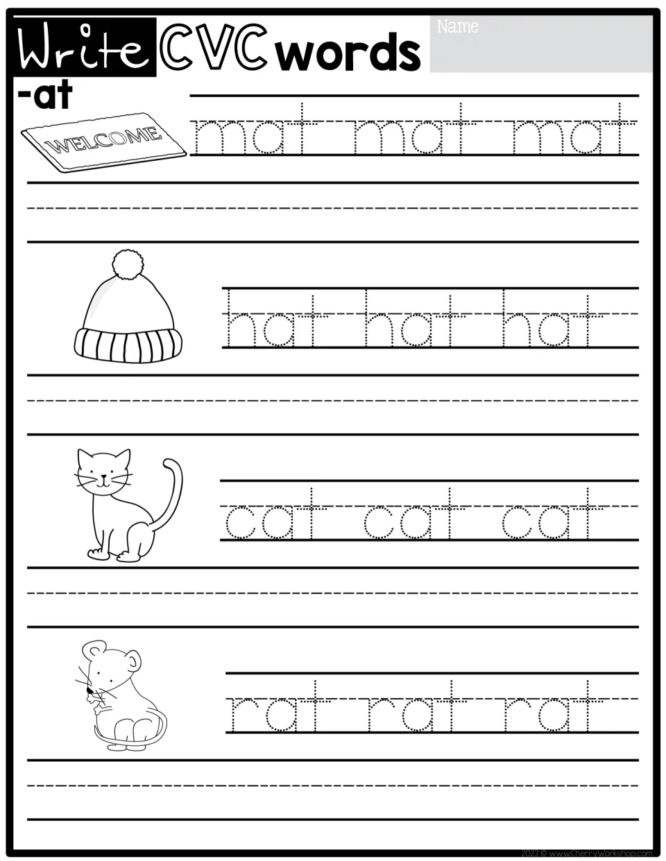 CVC handwriting practice for the -at family: mat, hat, cat, and rat, each pictured and traced three times