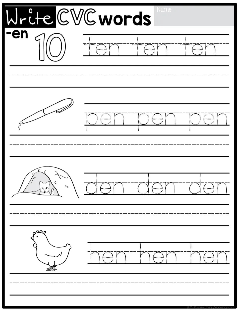 CVC handwriting practice for the -en family: ten, pen, den, and hen, each pictured and traced three times