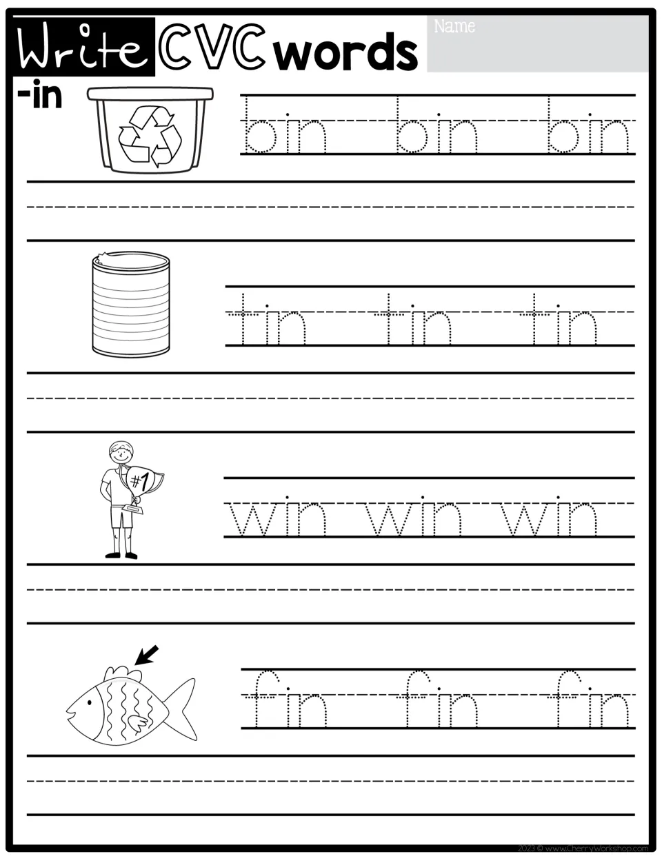 CVC handwriting practice for the -in family: bin, tin, win, and fin, each pictured and traced three times