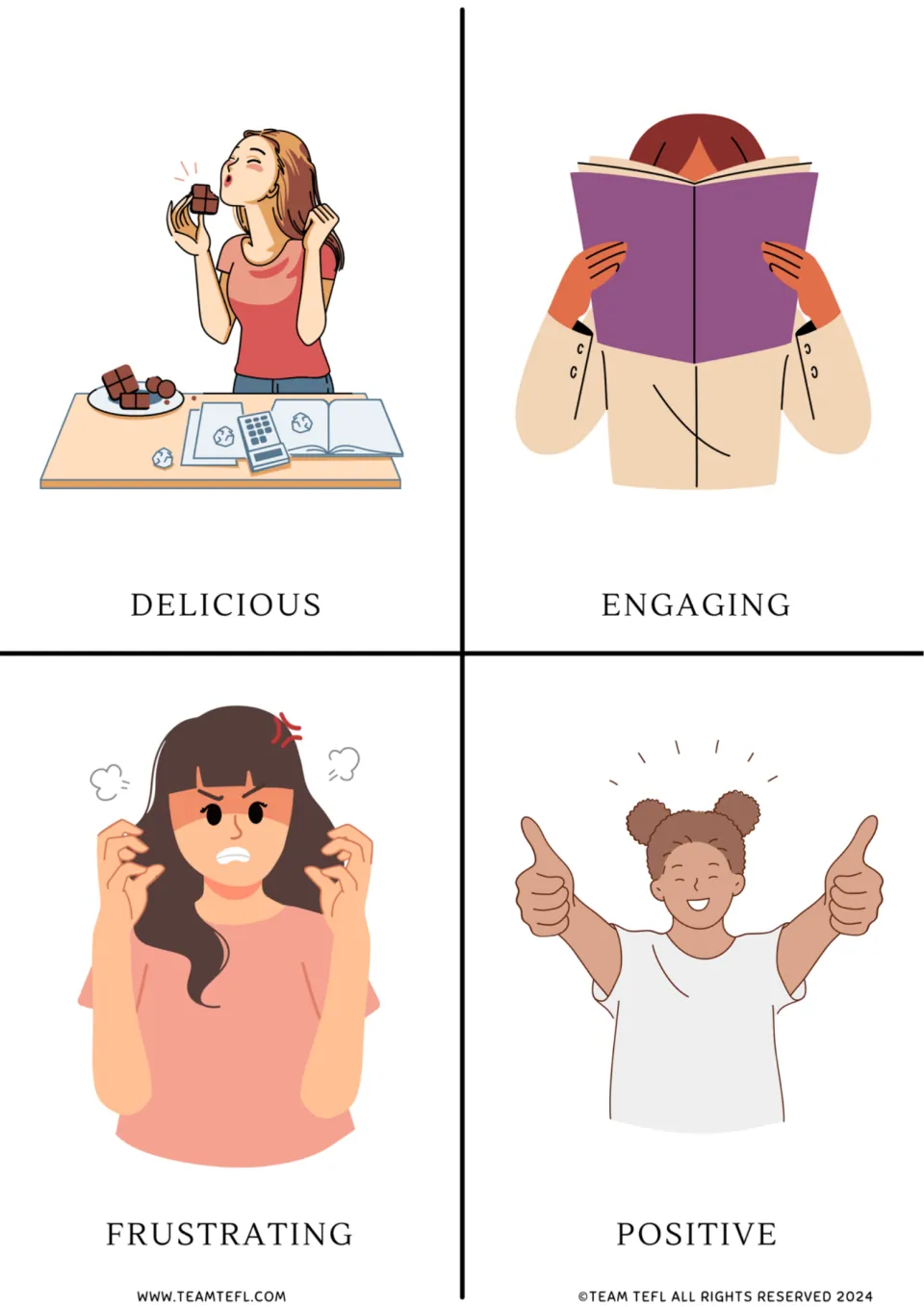 Adjective flashcards: four cards for delicious, engaging, frustrating and positive, each word under its picture
