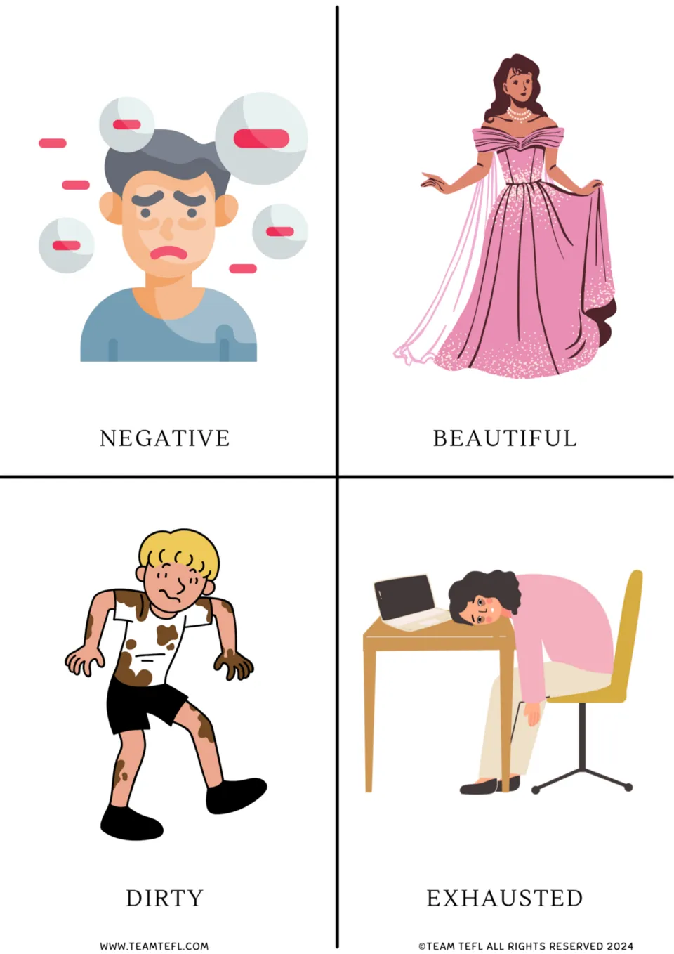 Adjective flashcards: four cards for negative, beautiful, dirty and exhausted, each word printed under its picture
