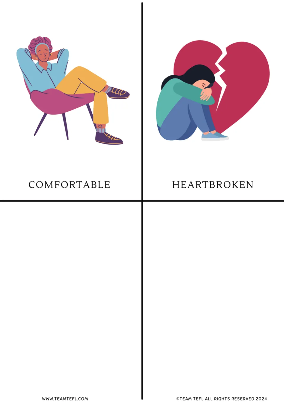 Adjective flashcards: comfortable (person relaxing in a chair) and heartbroken (girl hugging knees by a broken heart)