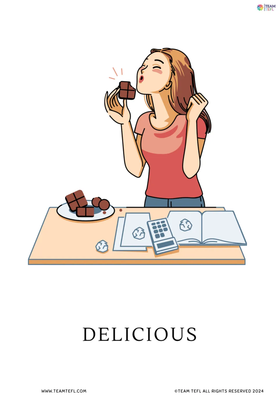 Delicious vocabulary card: a woman eats a square of chocolate with eyes closed, a plate of chocolate on the desk