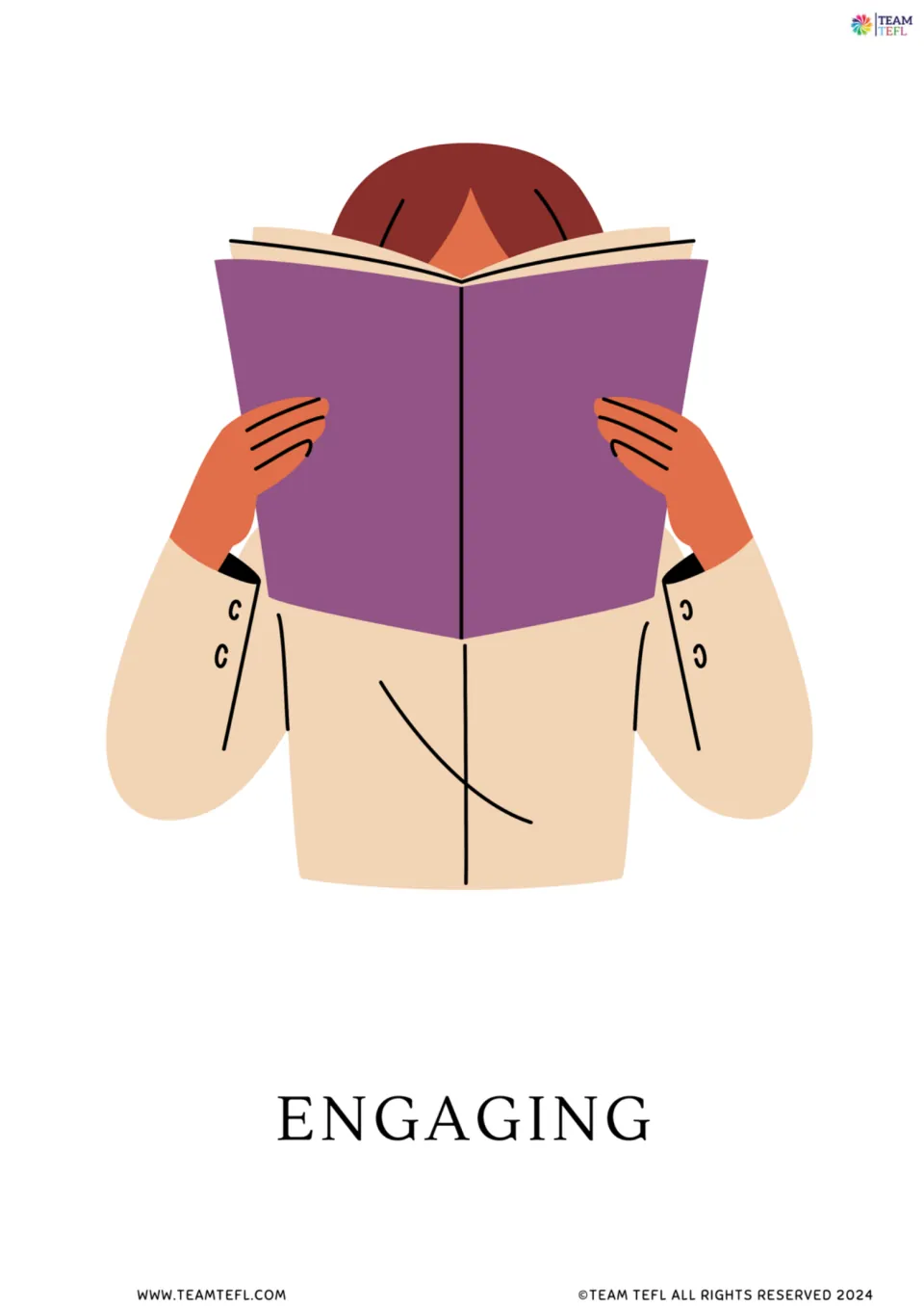 Engaging vocabulary card: a person hides their face behind an open purple book, absorbed in reading