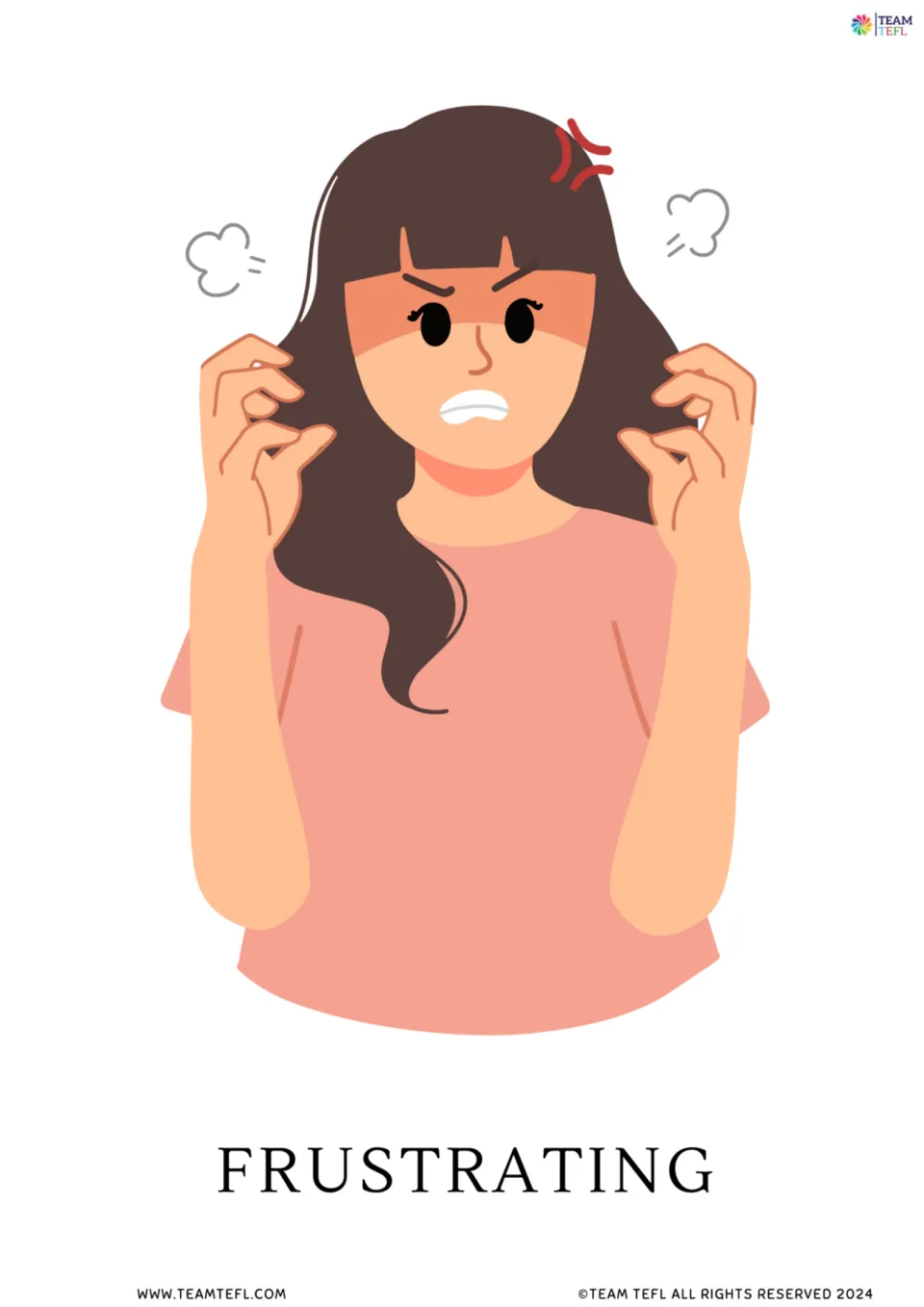 Frustrating vocabulary card: an angry girl with gritted teeth clutches her hair as puffs of steam rise around her