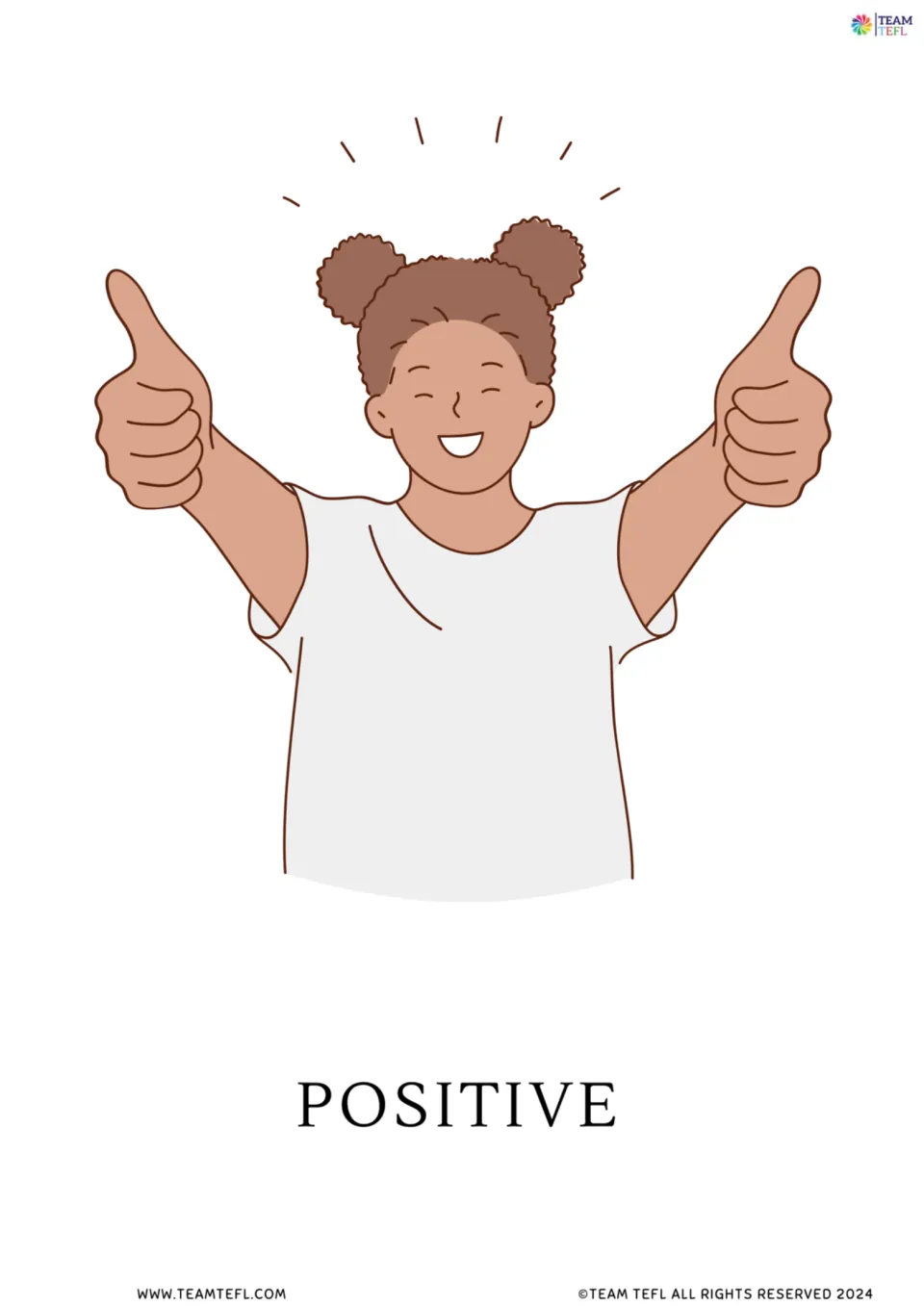 Positive vocabulary card: a smiling girl with hair buns gives two big thumbs up to show an upbeat attitude
