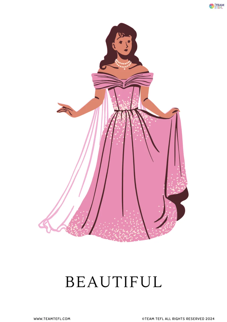 Beautiful vocabulary card: a woman in a long sparkling pink ball gown and pearl necklace lifts her skirt