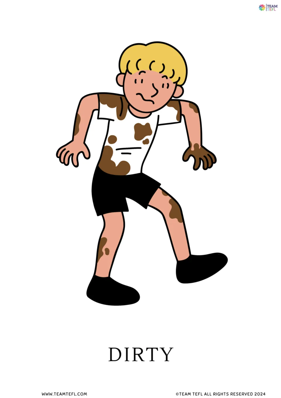 Dirty vocabulary card: a blond boy walks awkwardly, mud splattered on his white shirt, arms, hands and legs