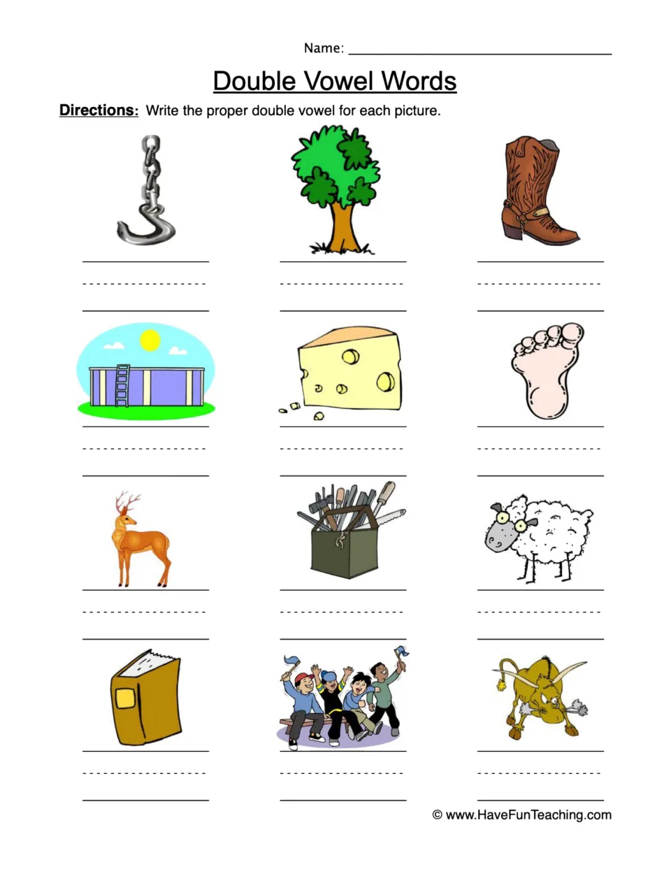 Double vowel writing practice with 12 picture prompts, including a hook, tree, boot, pool, cheese, and foot.