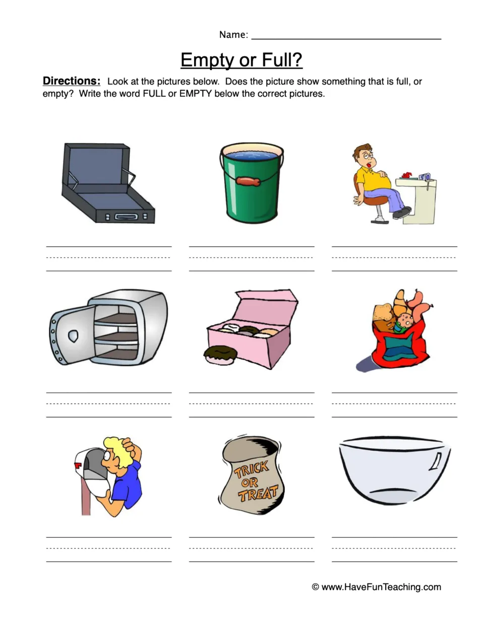 Opposites practice sheet: label nine pictures FULL or EMPTY, including a suitcase, bucket, mailbox, and bowl