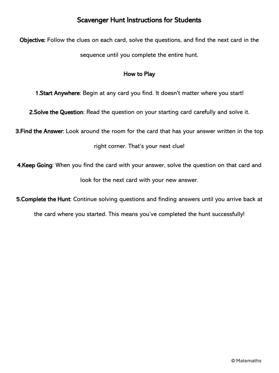 Student instructions for the graph scavenger hunt: start anywhere, solve, find the answer, and return to start