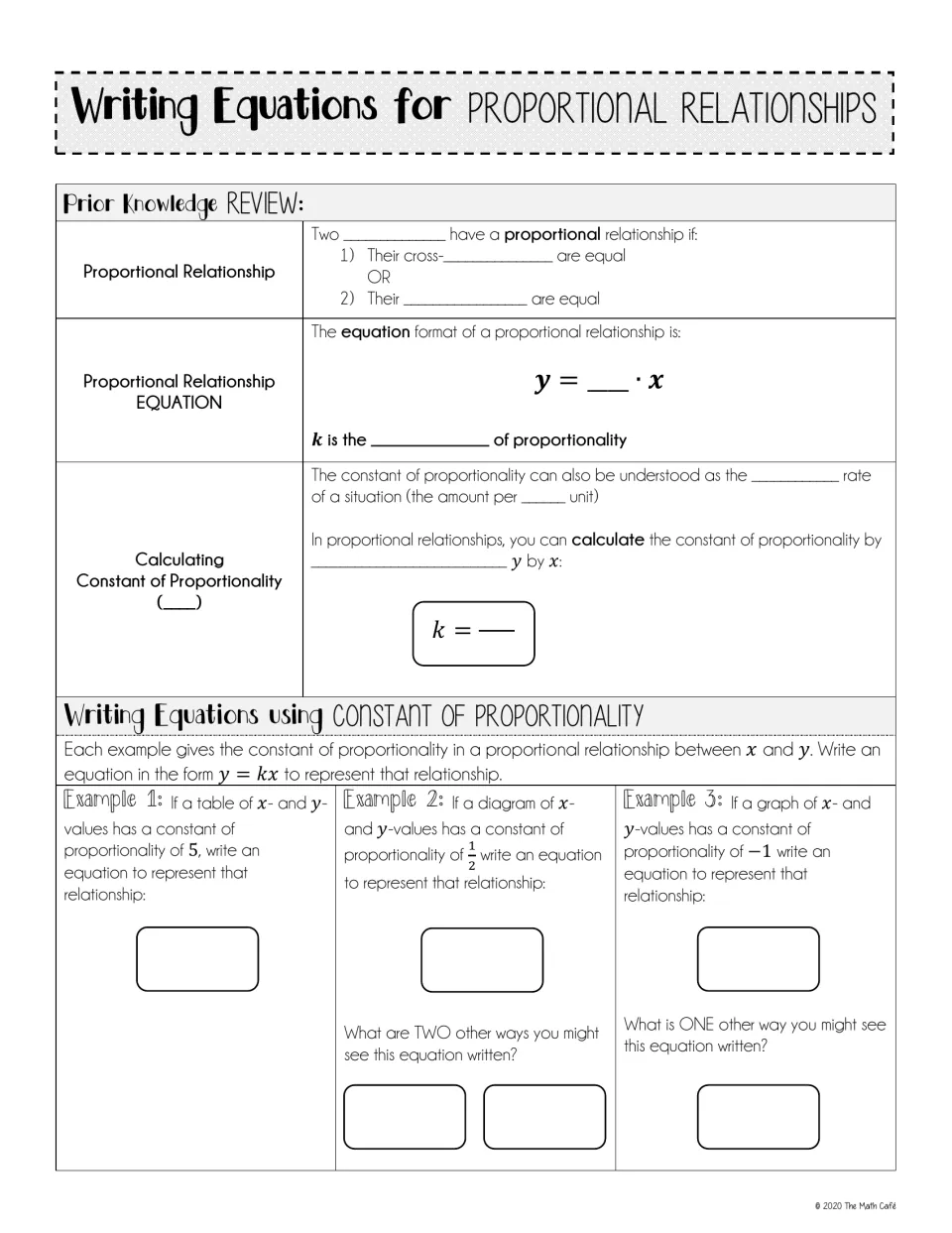 Guided notes review proportional relationships, y = kx, and unit rate, with examples using k = 5, 1/2, and -1.