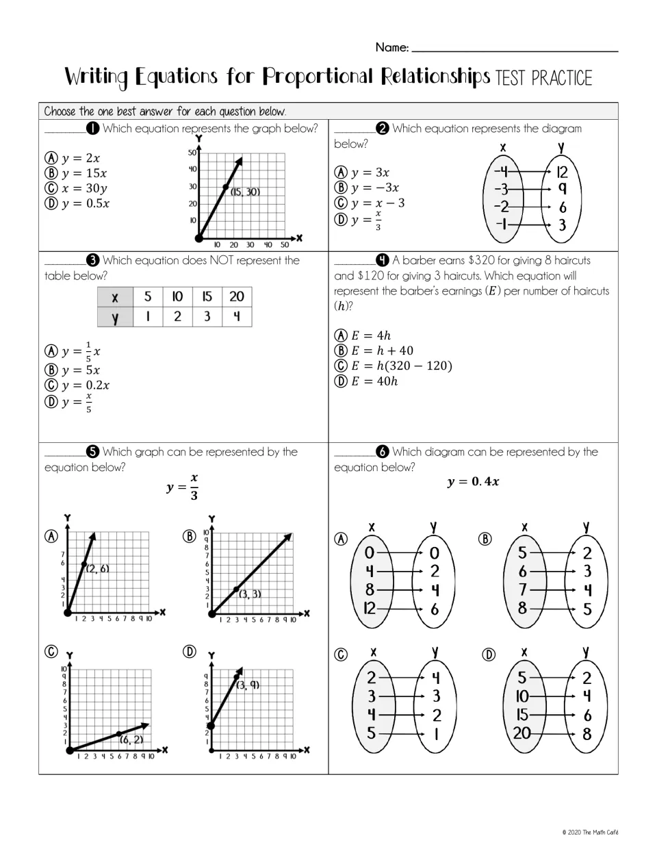 Test practice questions 1–6 match proportional equations to graphs, tables, diagrams, and barber earnings.