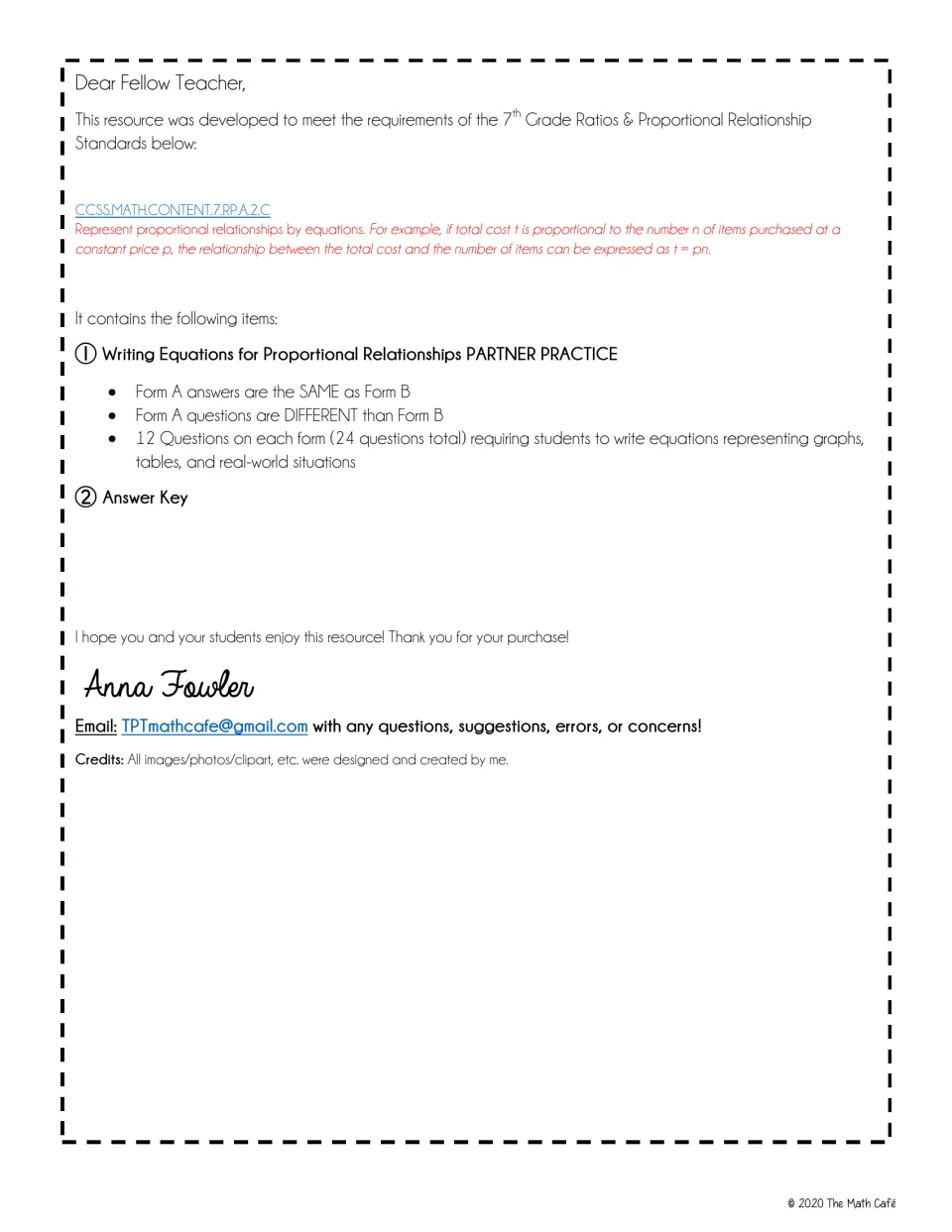Teacher note citing standard 7.RP.A.2.C and listing contents: Form A and B with 12 questions each, plus an answer key