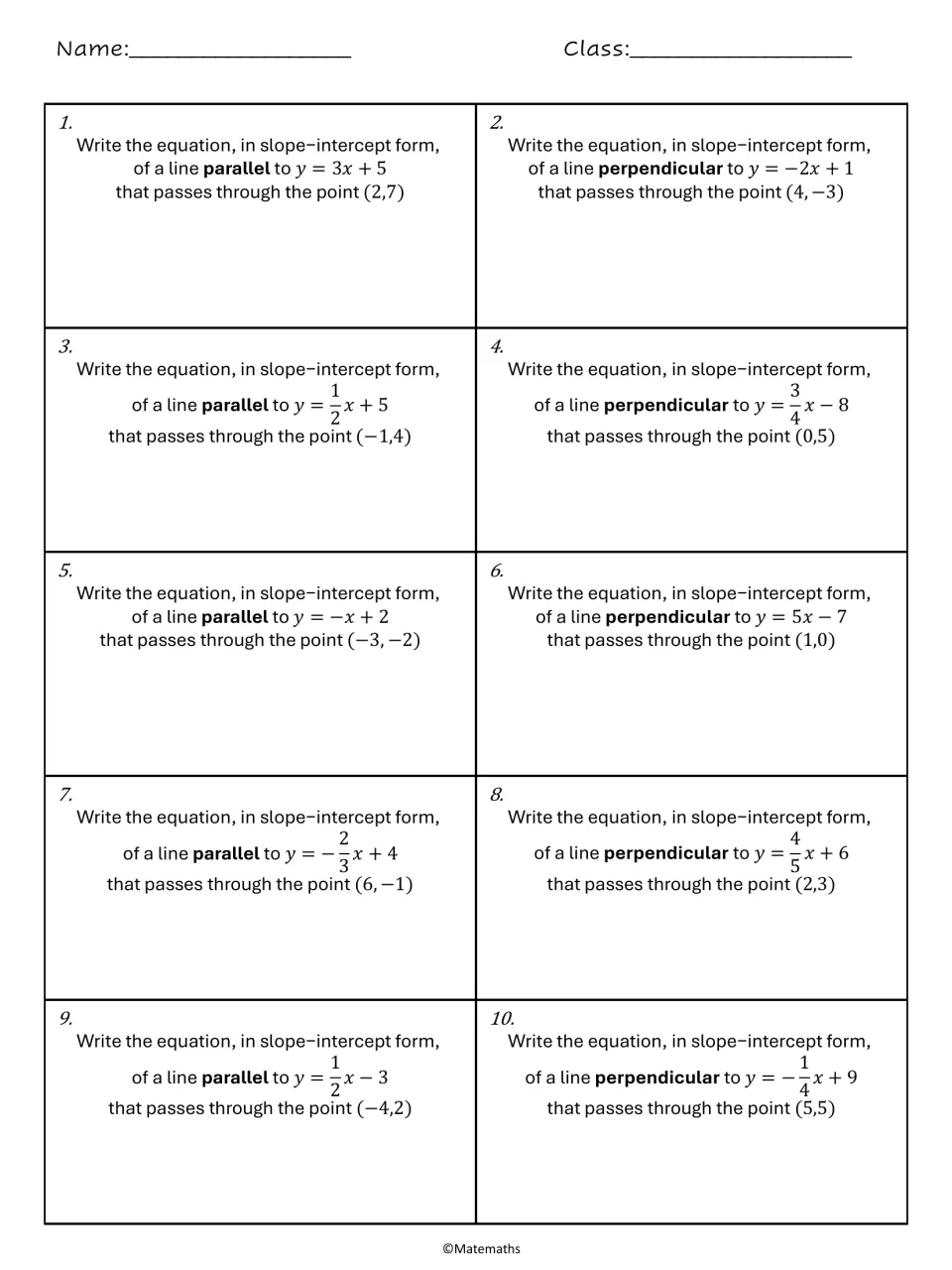 Parallel and perpendicular lines, problems 1-10: students write slope-intercept equations through given points like (2,7)