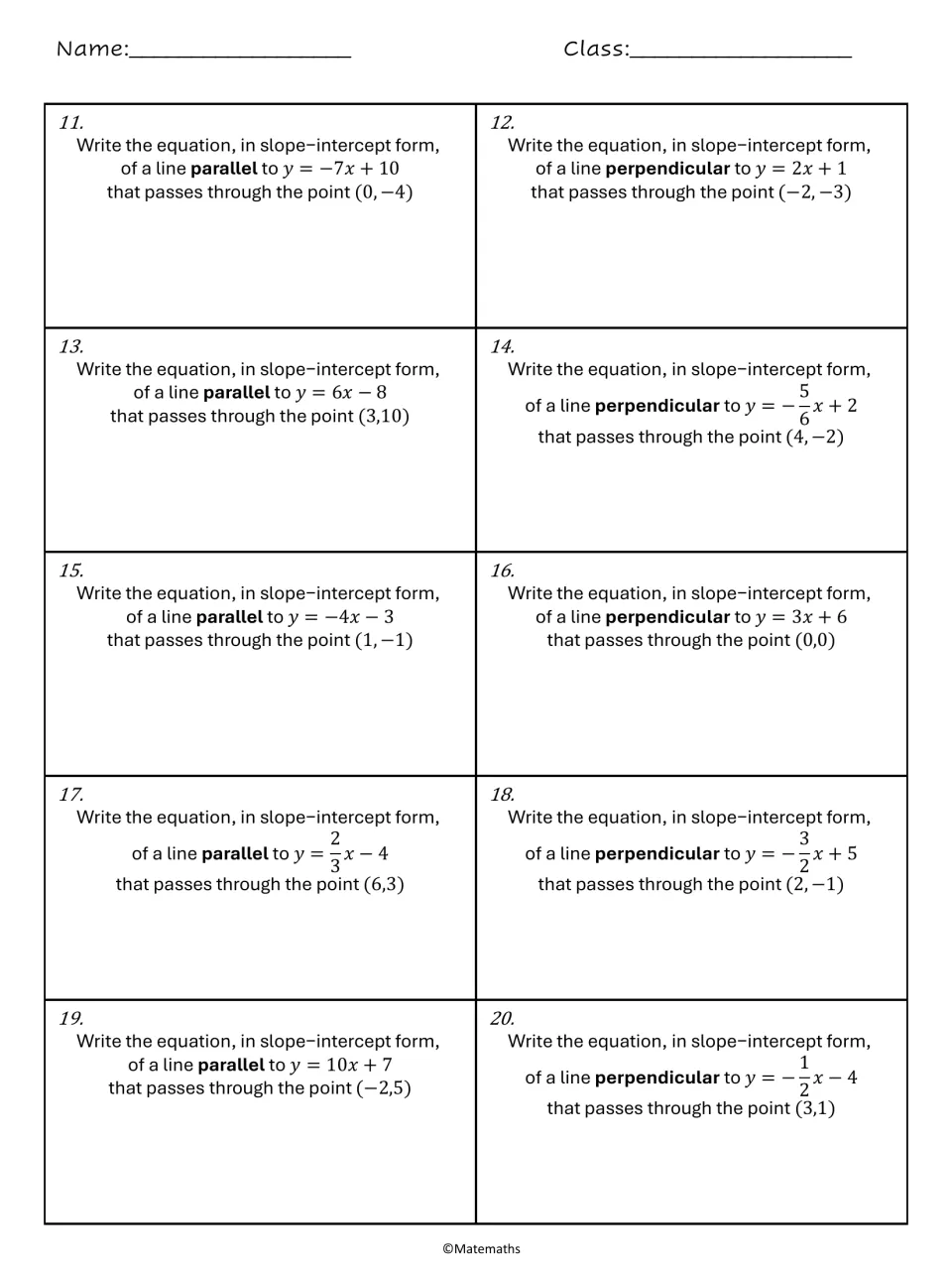 Problems 11-20: students write the slope-intercept equation of a line parallel or perpendicular to y = -7x + 10 and others