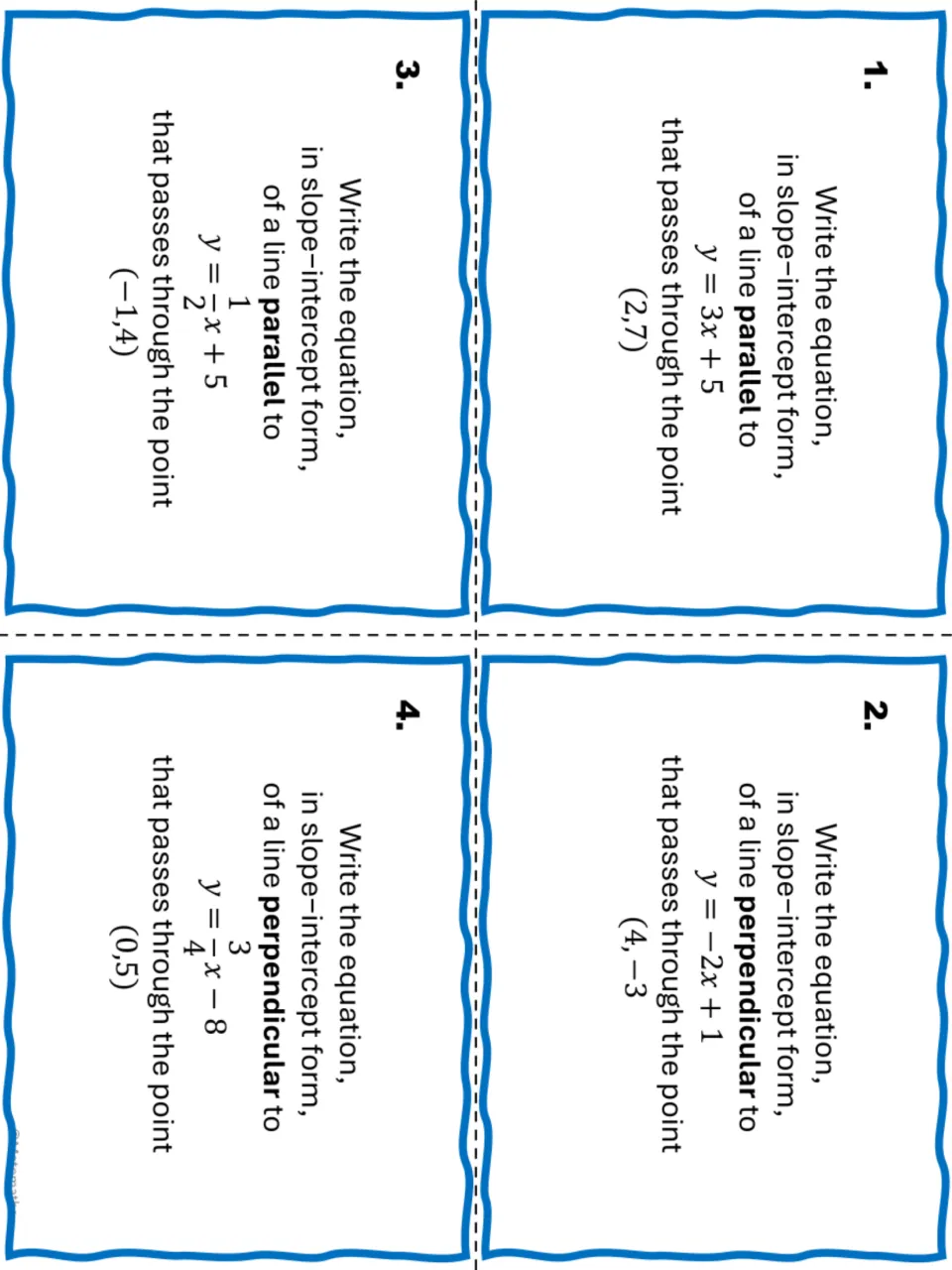 Task cards 1-4: students find parallel and perpendicular lines through points such as (2,7), (4,-3), (-1,4) and (0,5)