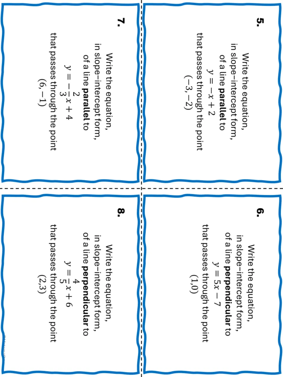 Task cards 5-8: write equations parallel to y = -x + 2 and -2/3x + 4, and perpendicular to y = 5x - 7 and 4/5x + 6