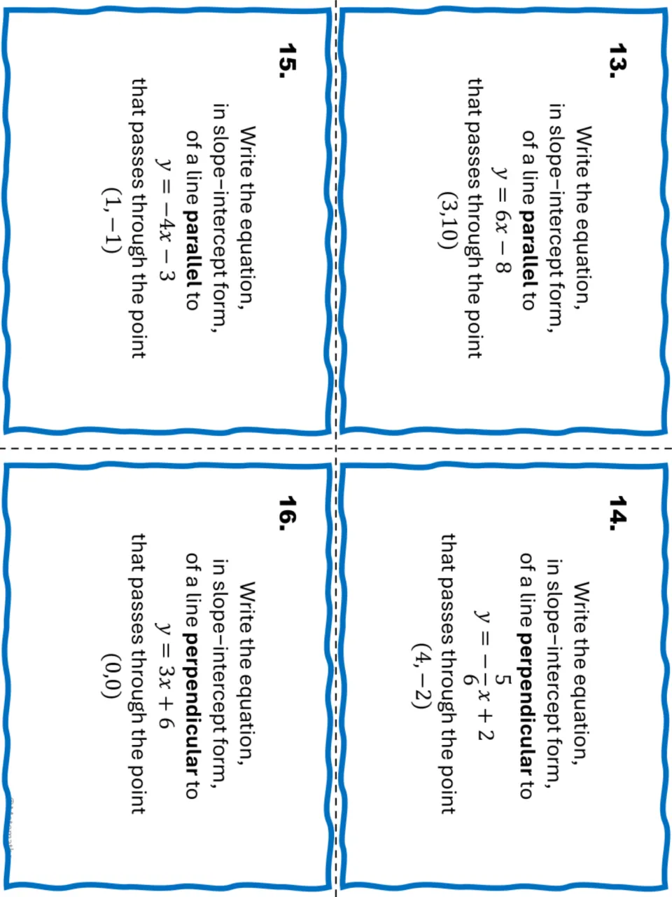Task cards 13-16: equations of lines parallel to y = 6x - 8 and y = -4x - 3, perpendicular to y = -5/6x + 2 and y = 3x + 6