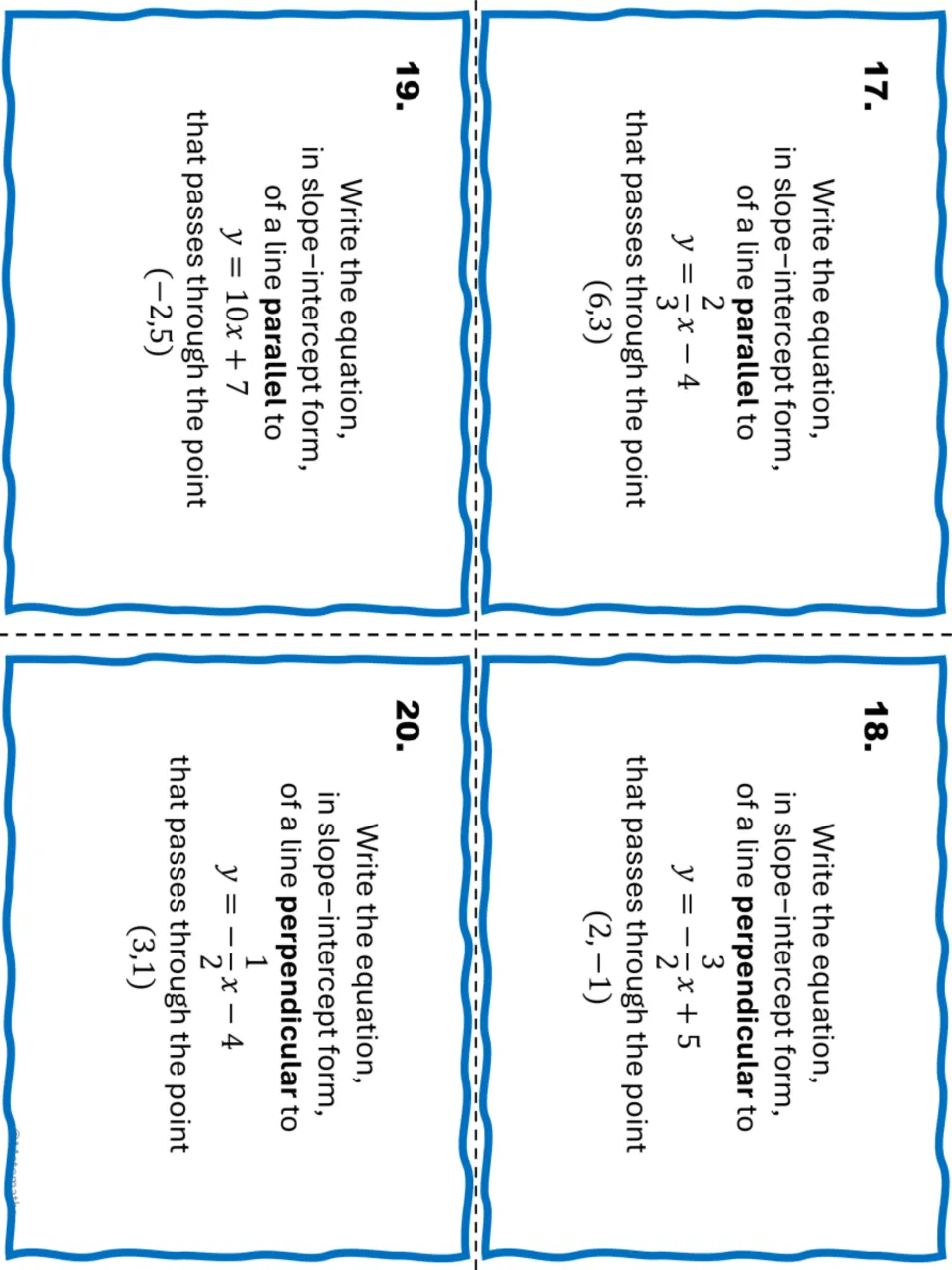 Task cards 17-20: find lines parallel to y = 2/3x - 4 and y = 10x + 7, perpendicular to y = -3/2x + 5 and -1/2x - 4