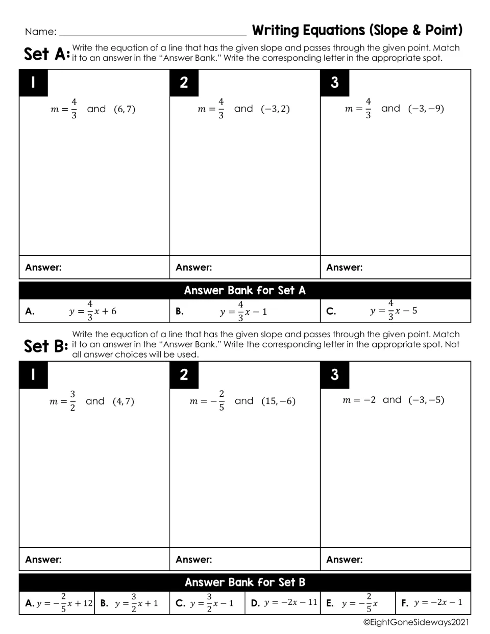 Point-slope equations, Sets A and B: students write a line's equation from a slope and point, then match an answer bank