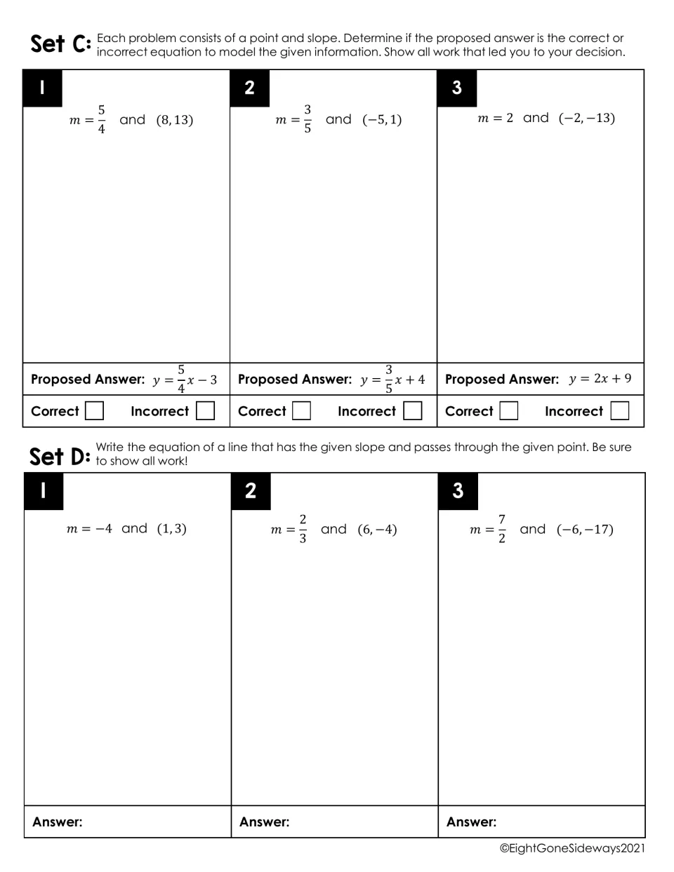 Slope and point practice, Sets C and D: students judge if proposed equations are correct, then write 3 equations alone